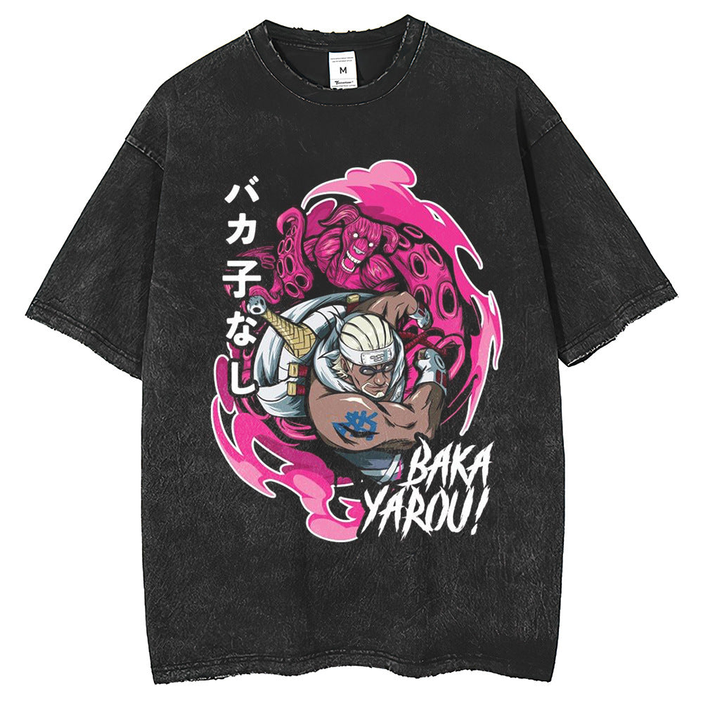 Men T Shirts Hokage Print T-Shirt Retro Old Washed Black