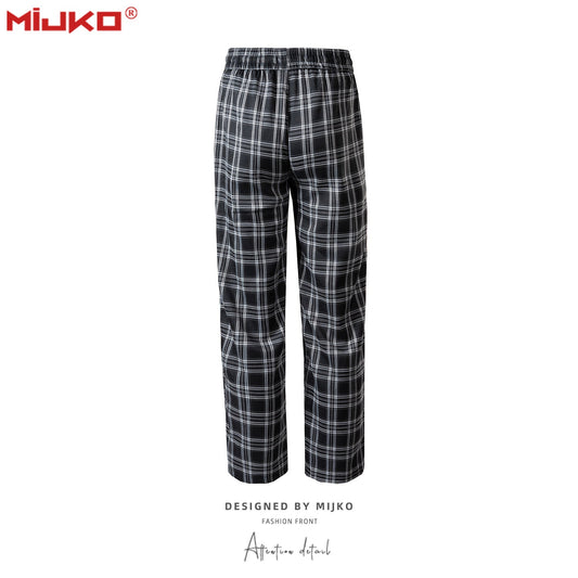 MIJKO Mens Vintage Pants Drawstring Cotton Casual Plaid Pants