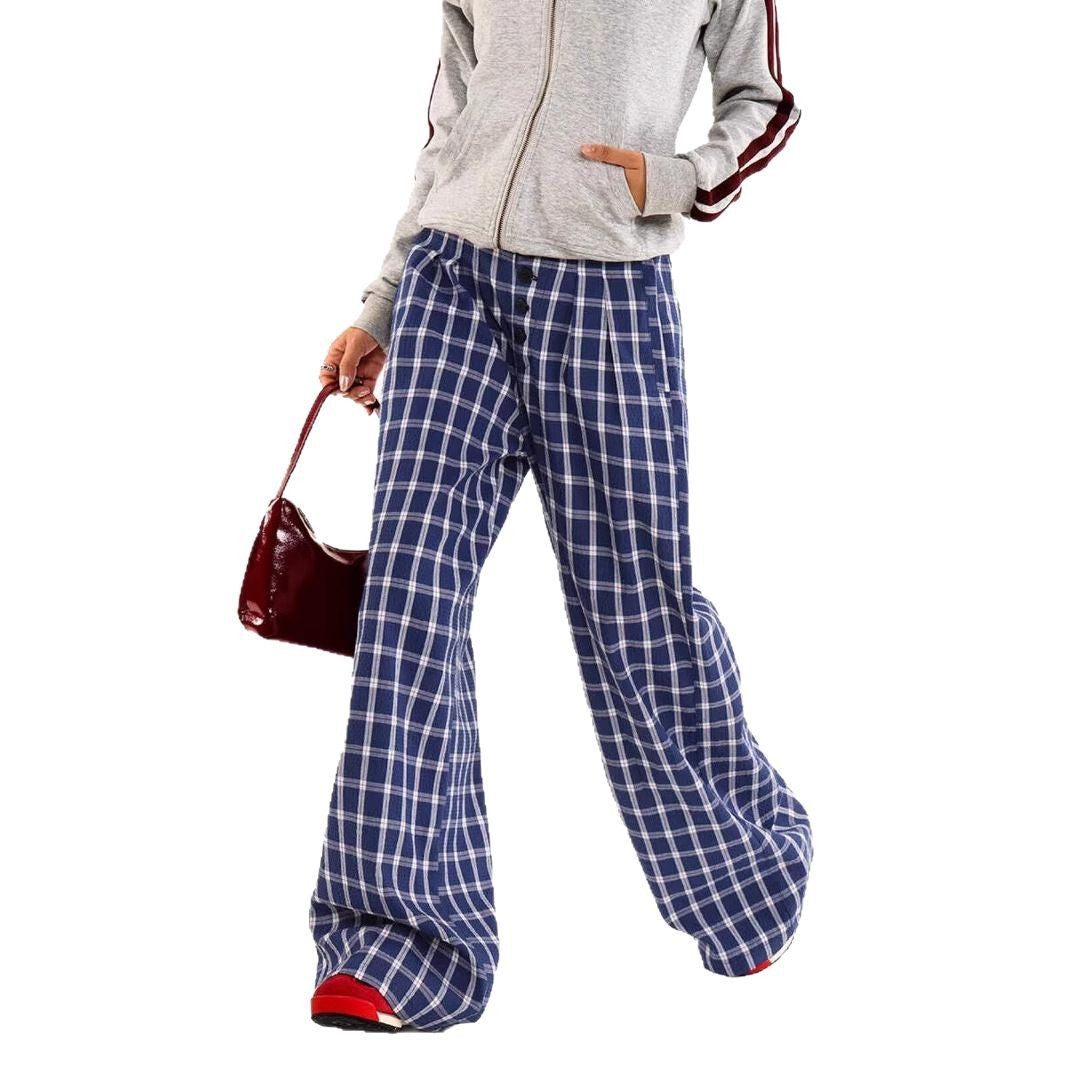 Women casual pant retro plaid loose