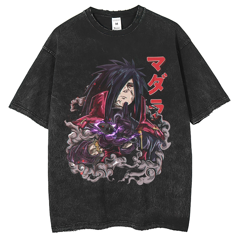 Men T Shirts Hokage Print T-Shirt Retro Old Washed Black