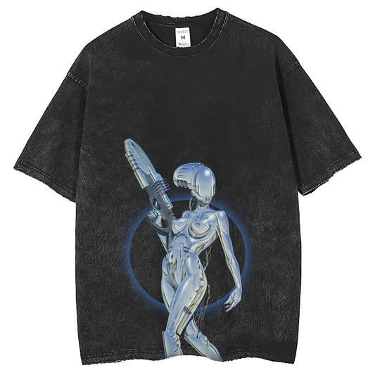 Men T Shirts Empty Mountain Base Machine T-Shirt Punk Style Short Sleeve Loose Crew Neck Washed and Old