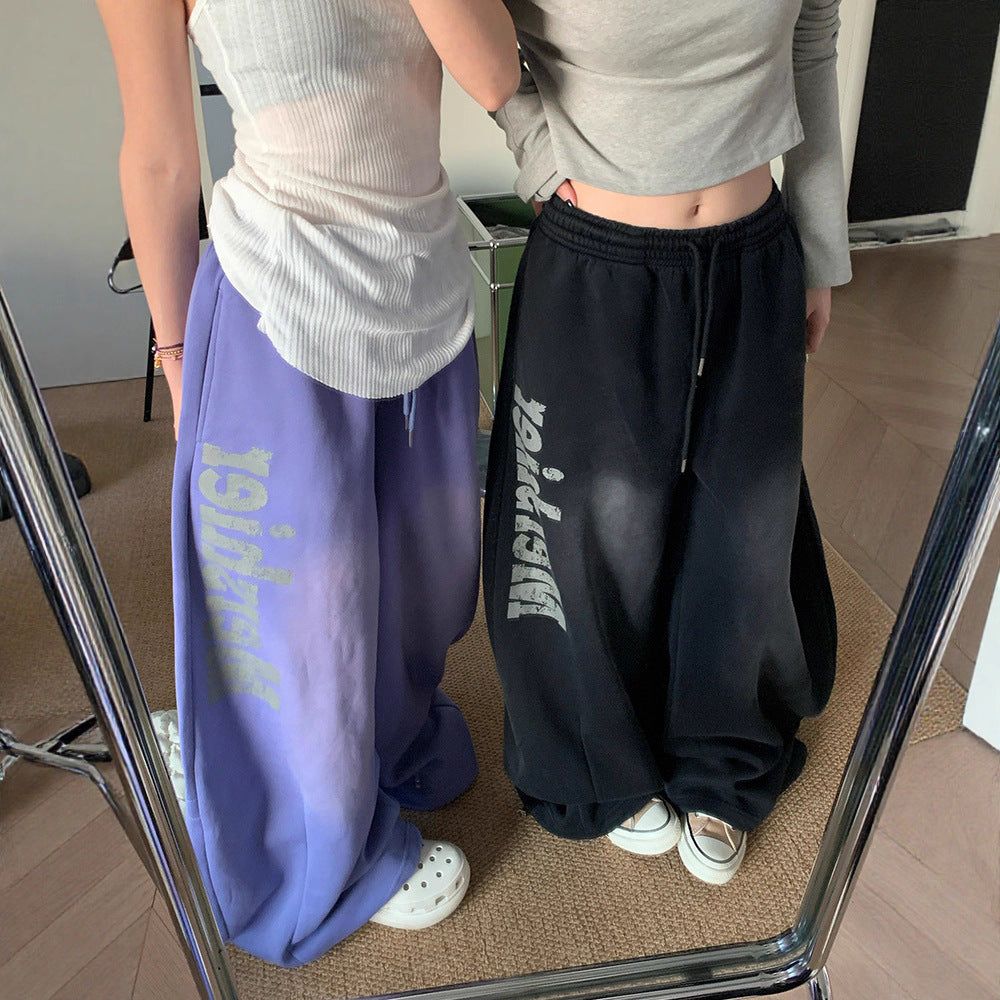 Women casual pants retro gradual change do old letter wide leg pants summer loose hip hop trousers