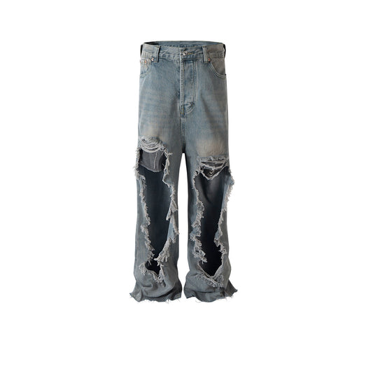 MIJKO Mens Vintage Pants MIJKO Trousers Washed Retro Blue Jeans