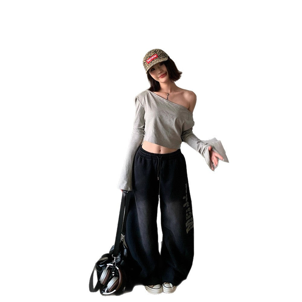 Women casual pants retro gradual change do old letter wide leg pants summer loose hip hop trousers