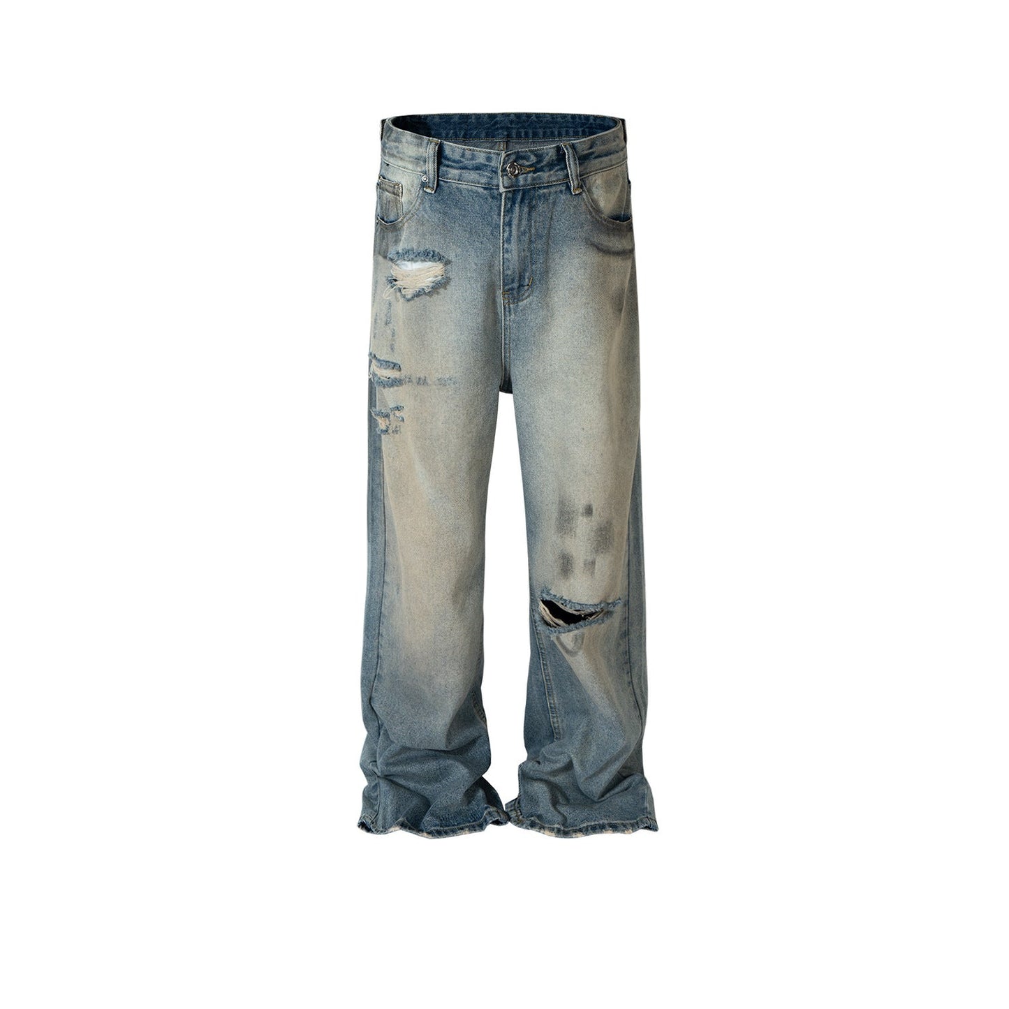 MIJKO Men's Vintage Pants MIJKO Men's High Street Straight Pants Tide Ripped Blue Jeans