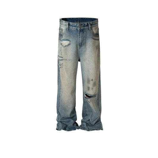 MIJKO Men's Vintage Pants MIJKO Men's High Street Straight Pants Tide Ripped Blue Jeans