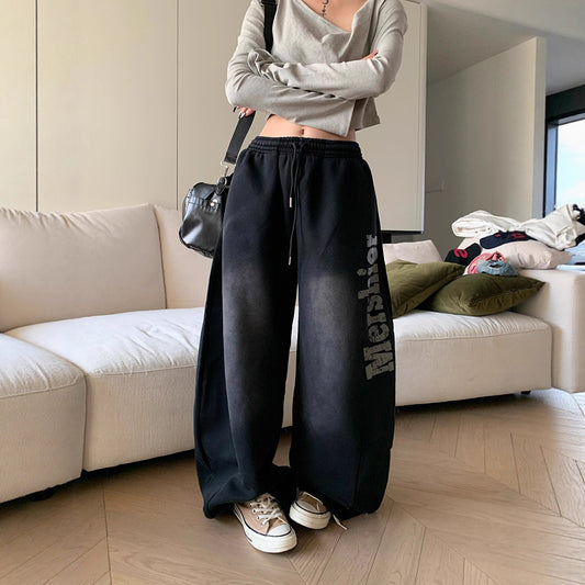 Women casual pants retro gradual change do old letter wide leg pants summer loose hip hop trousers