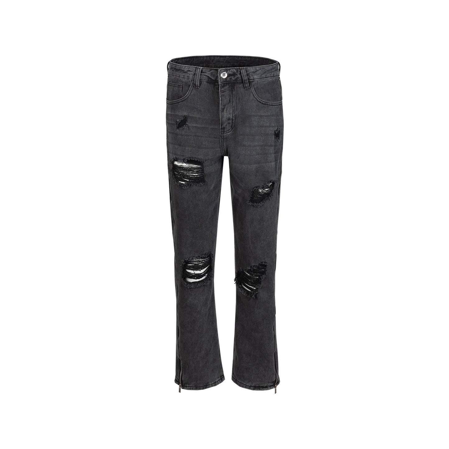 MIJKO Men's Vintage Pants MIJKO Ripped Pants Men's and Women's Zipper Black and Grey Straight Jeans