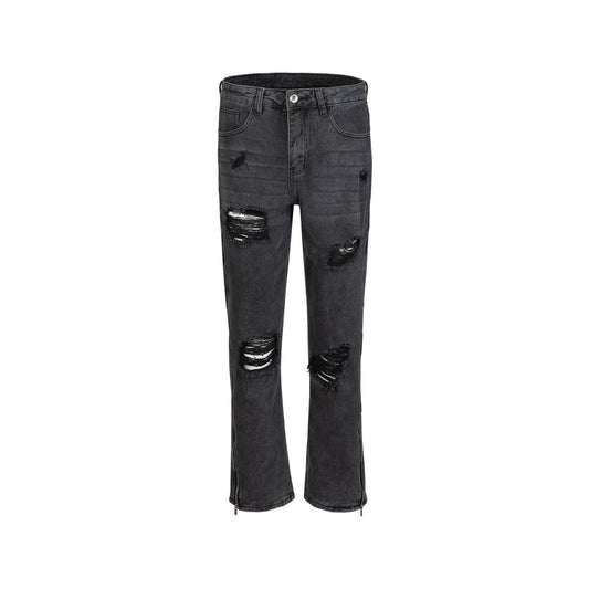 MIJKO Men's Vintage Pants MIJKO Ripped Pants Men's and Women's Zipper Black and Grey Straight Jeans