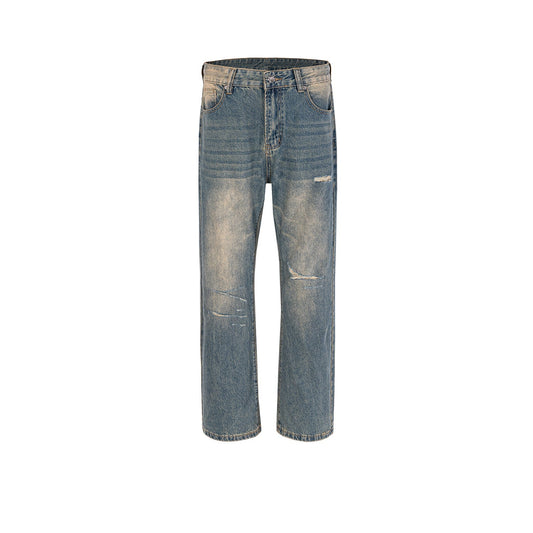 MIJKO Men Vintage Pants MIJKO High Street Washing Water Old Ripped Trousers Ripped Jeans