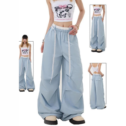 Women casual pants high waist double waist splicing women's summer loose