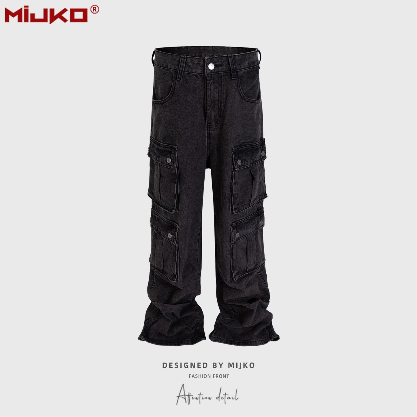 MIJKO Mens Vintage Pants Multi-pocket Wide-foot Bootcut Jeans