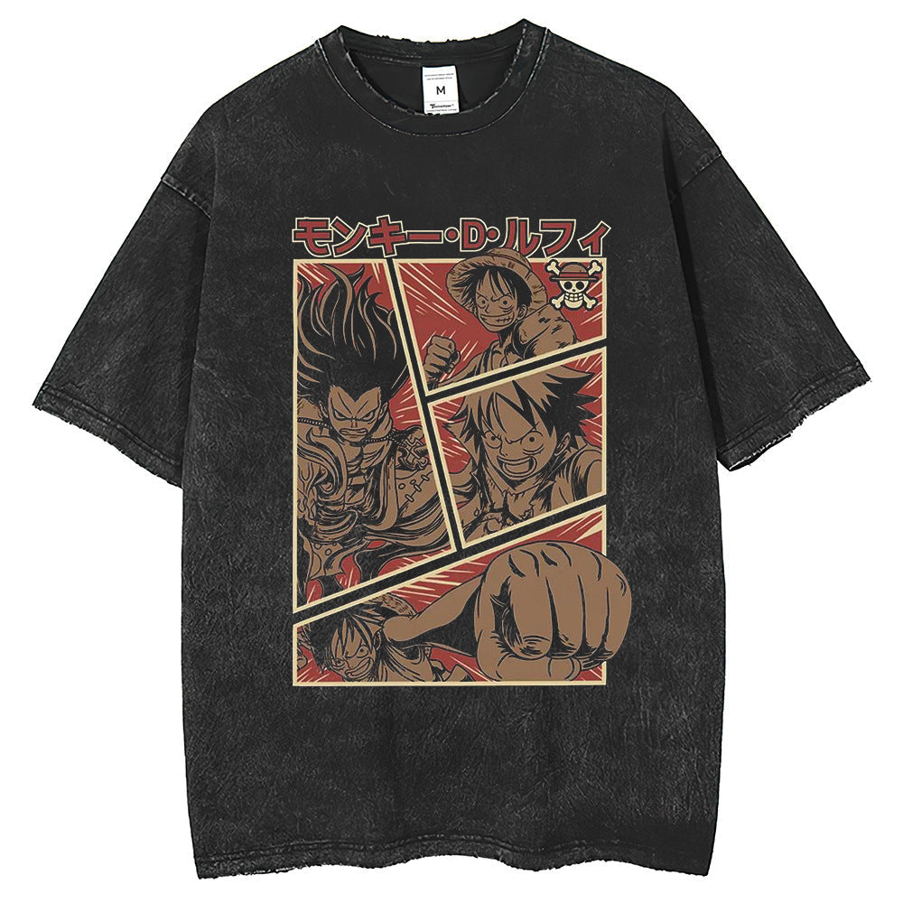 Mens T Shirts ONE PIECE Printed T-Shirt Short Sleeve Vintage Washed Old