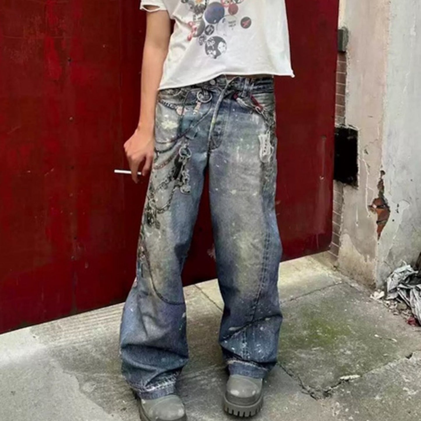 MIJKO Men's Vintage Pants MIJKO Men's Women's Straight Wash Water Milled White Trousers Jeans