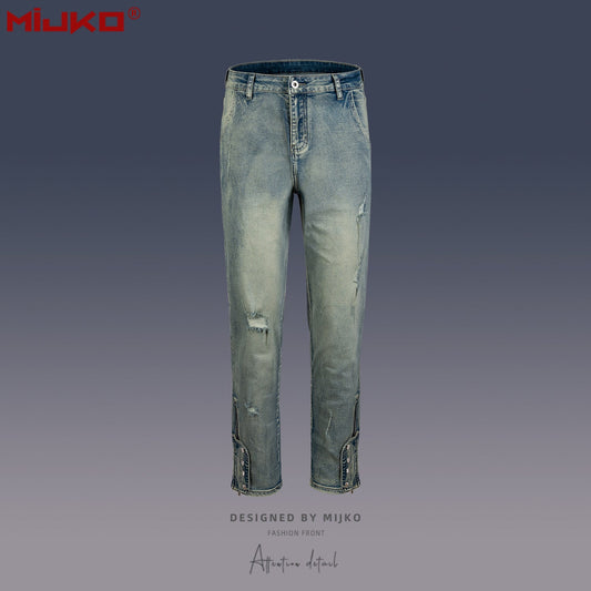 MIJKO Mens Vintage Pants Slim Fit Wash Old Ripped Blue Jeans