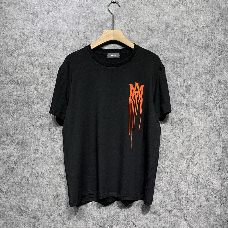 Amiri T Shirt Orange Splash Paint Printed Casual Round Neck