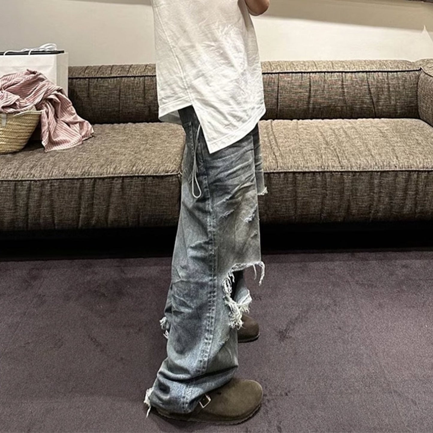 MIJKO Mens Vintage Pants MIJKO Vintage Washed Old Crease Textured Jeans