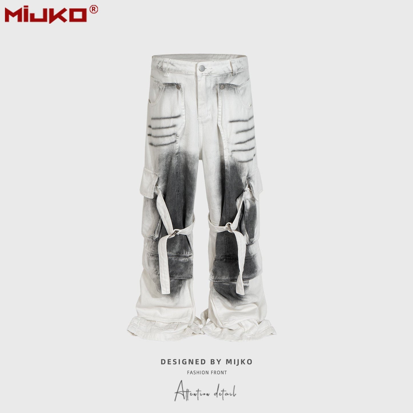 MIJKO Mens Vintage Pants Buckle Trim Loose Old Jeans