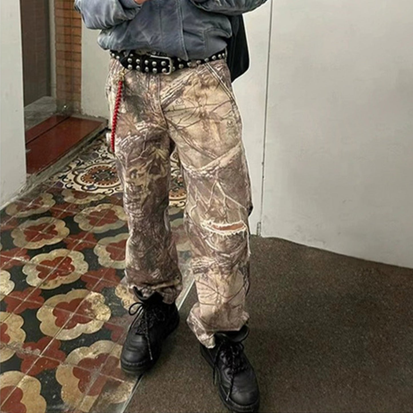 MIJKO Men's Vintage Pants MIJKO slim-fit trousers men's and women's straight camouflage old faded jeans