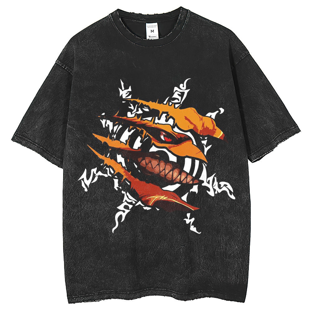 Men T Shirts Hokage Print T-Shirt Retro Old Washed Black