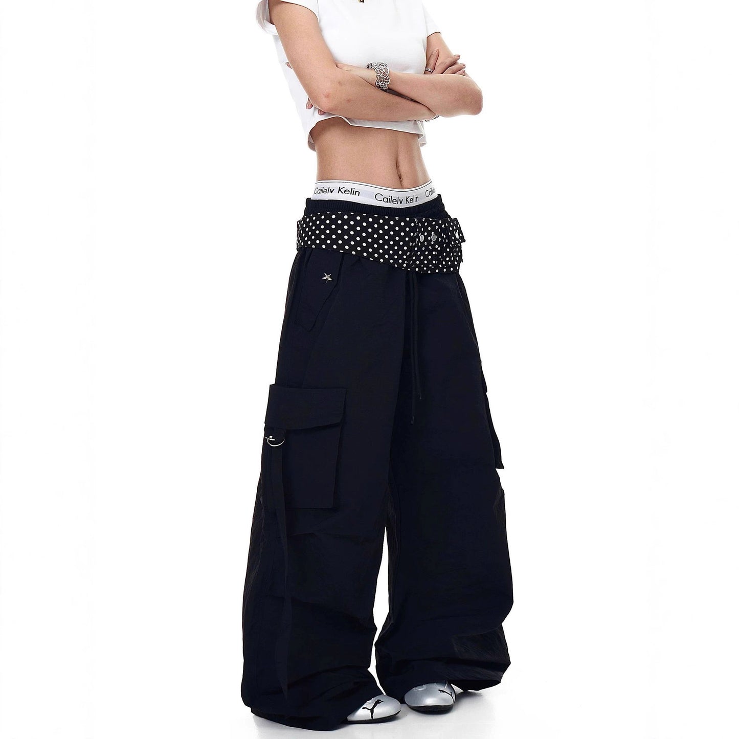 Women casual pant big flap pocket pants polka dot retro