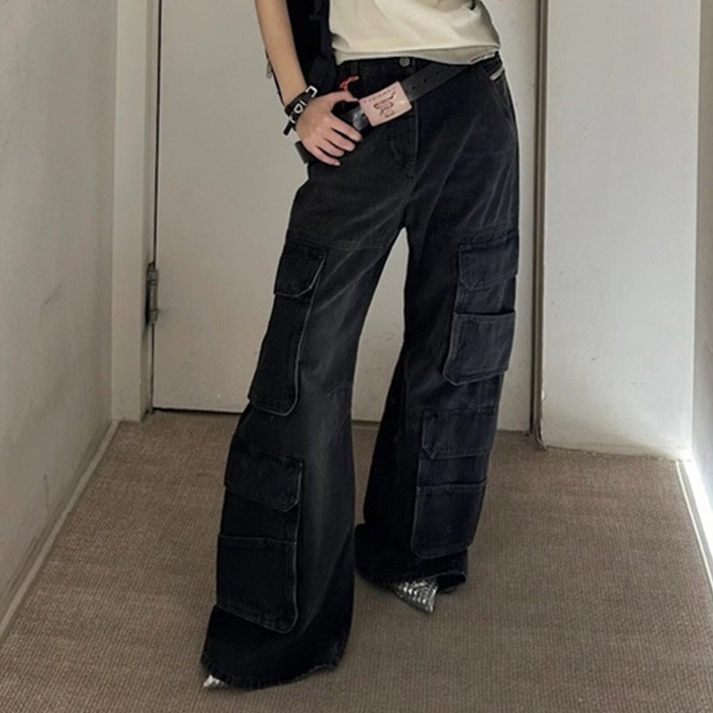 MIJKO Men's Vintage Pants MIJKO Men's Wide Leg Jeans Washed Black Trousers Tide