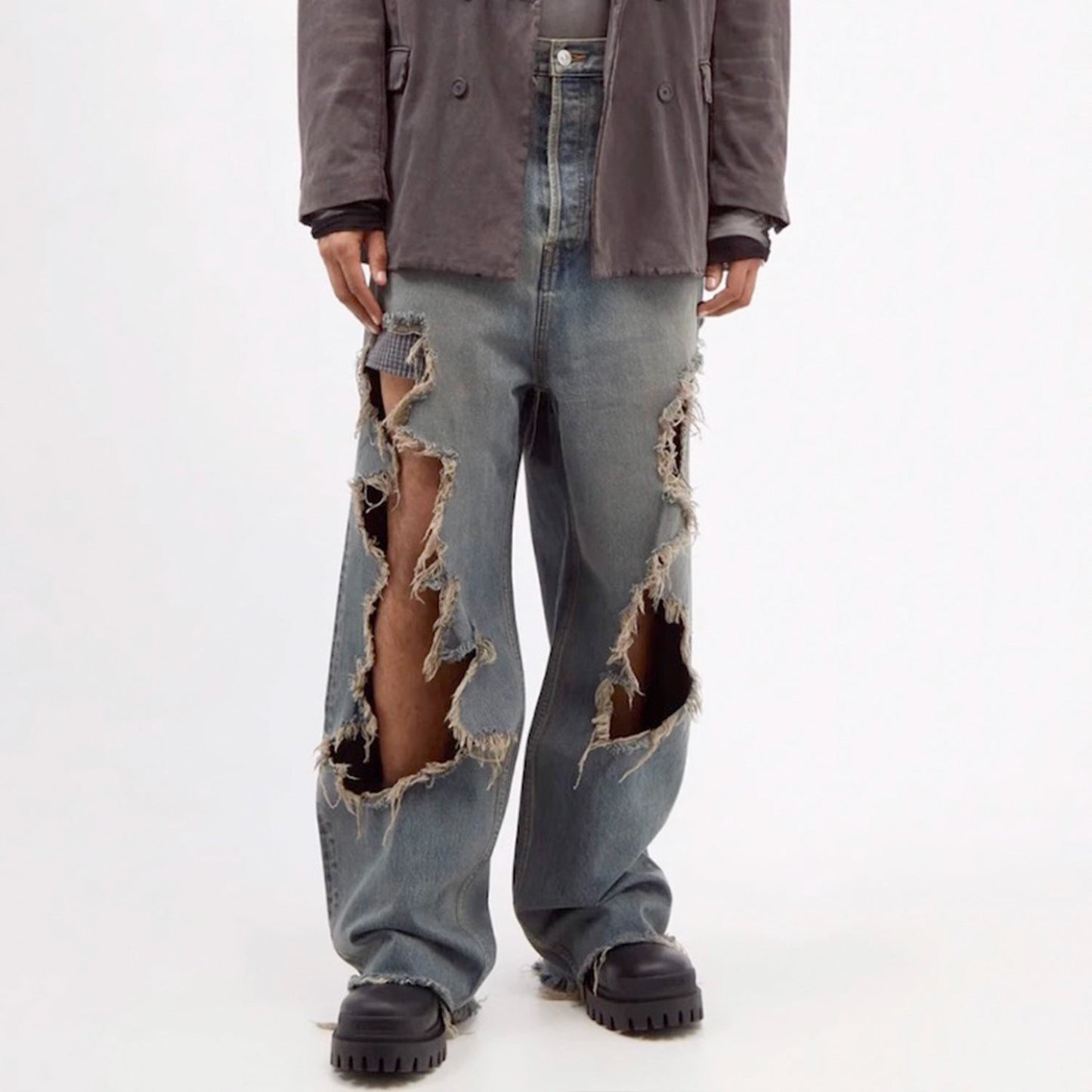 MIJKO Mens Vintage Pants MIJKO Trousers Washed Retro Blue Jeans