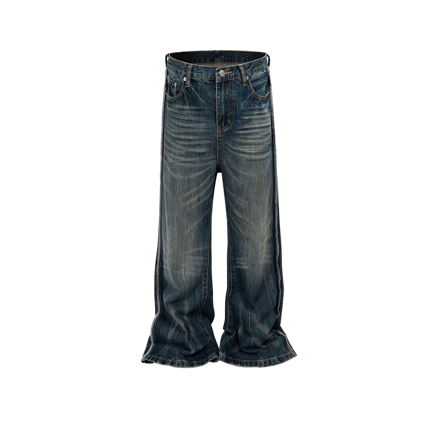 MIJKO Men Vintage Pants MIJKO Washed Textured Jeans Old Micro-horn Wide Foot Splicing