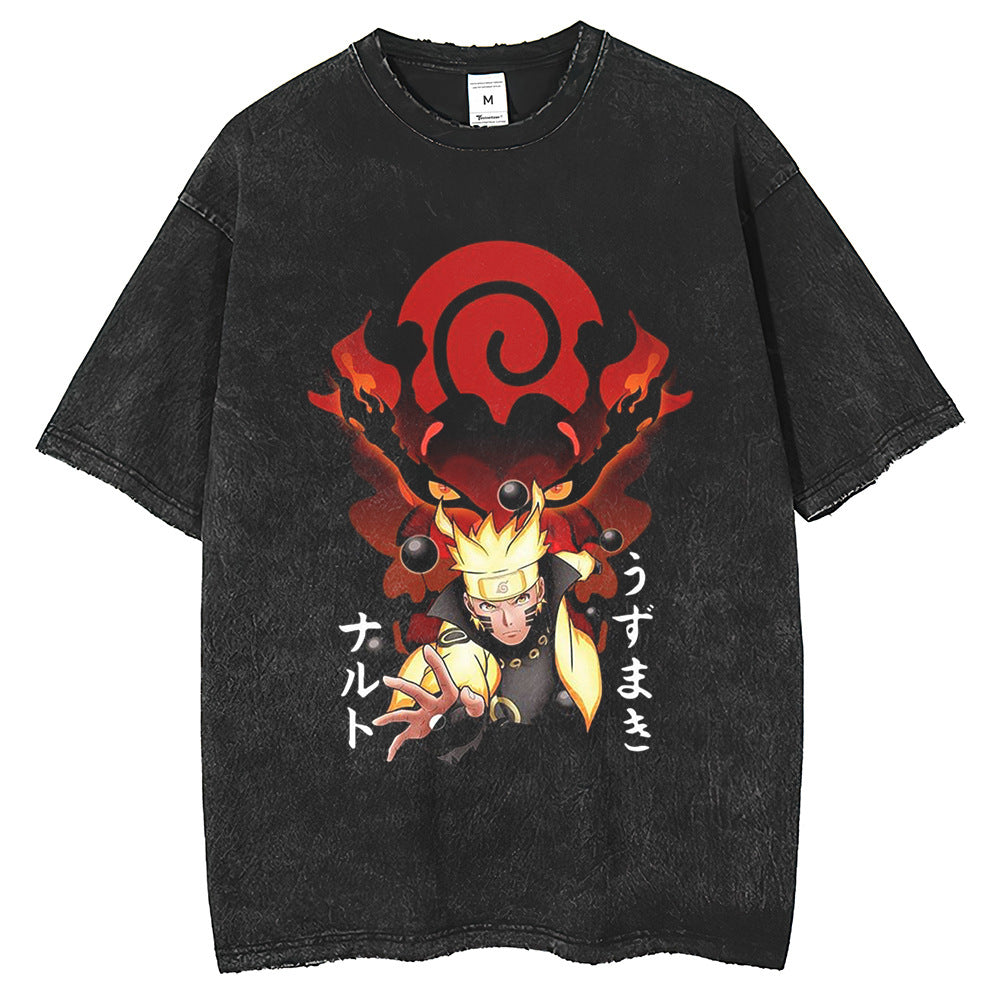 Men T Shirts Hokage Print T-Shirt Retro Old Washed Black