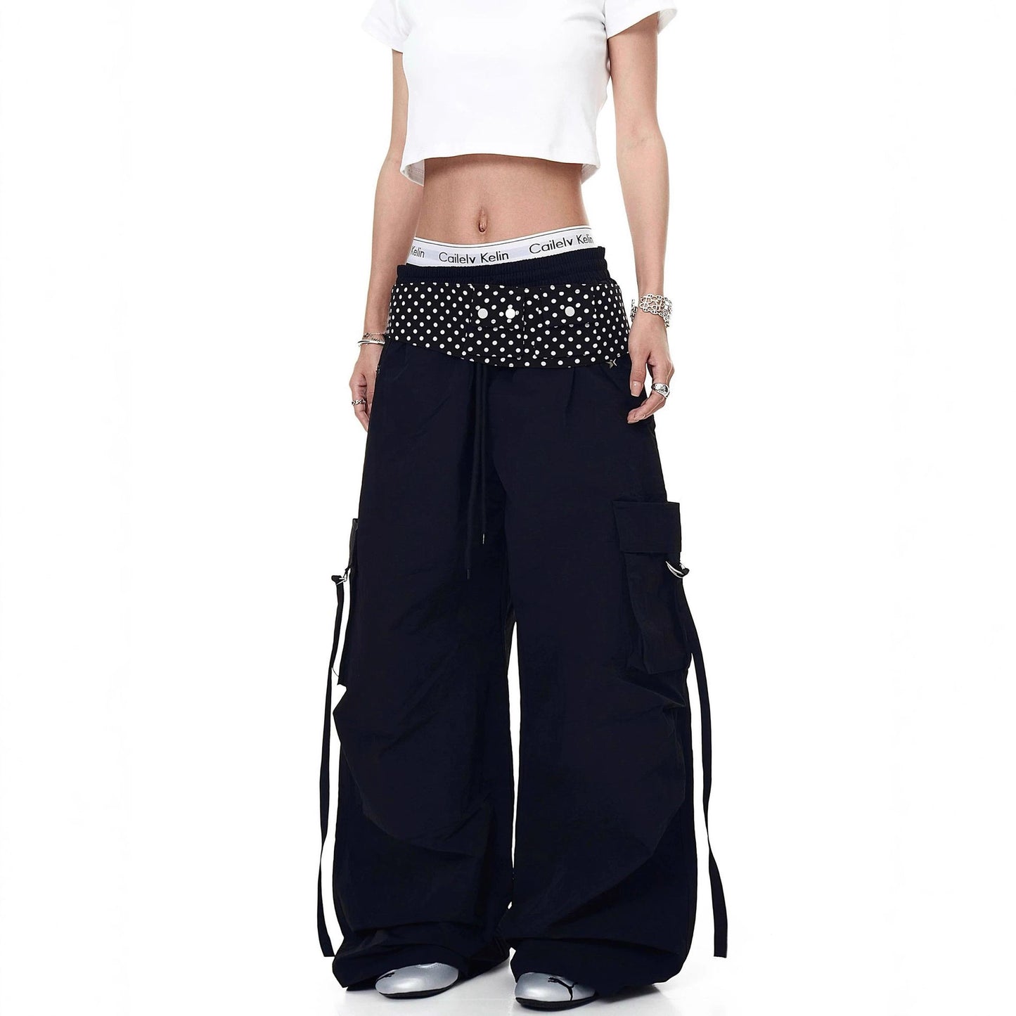 Women casual pant big flap pocket pants polka dot retro