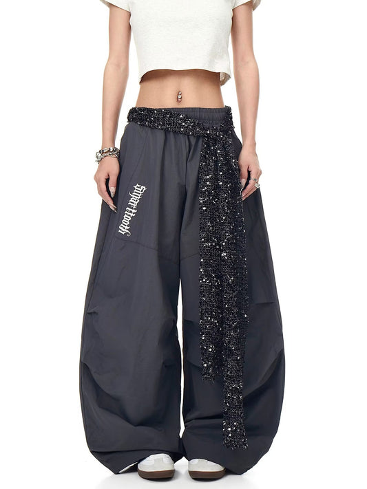 Womens casual pants retro belt loose casual hip hop scimitar pants