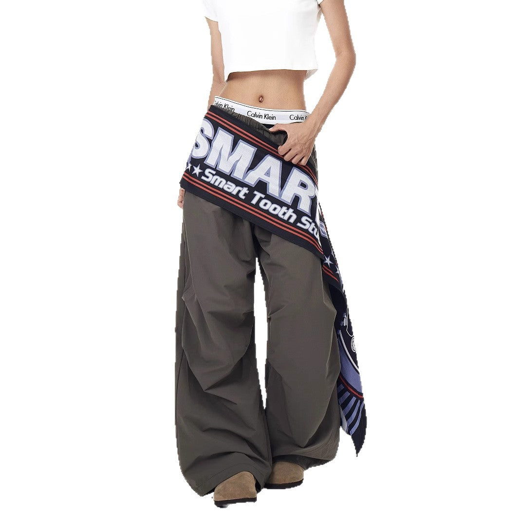 Women casual pants diagonal span fart curtain splicing retro loose