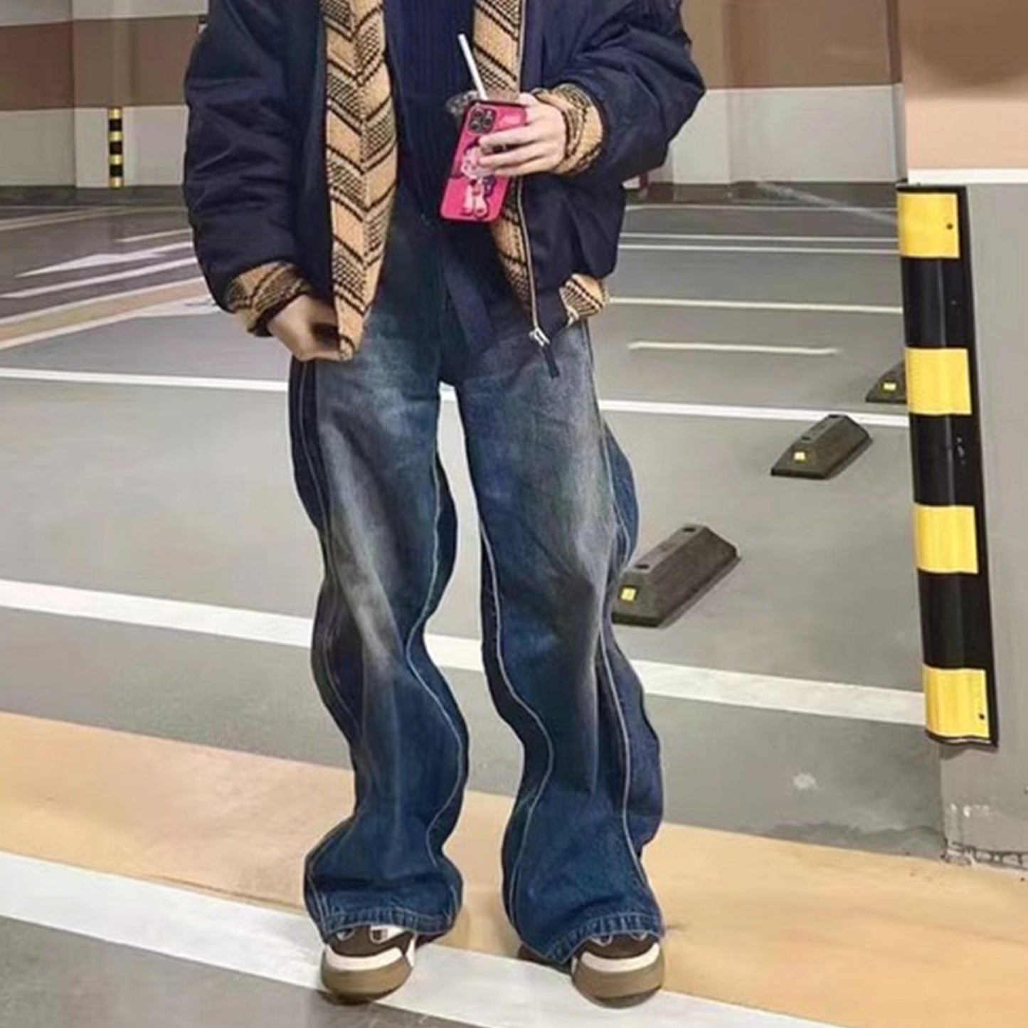 MIJKO Men's Vintage Pants MIJKO Men's Women's Wave Design Washed Old Blue Jeans