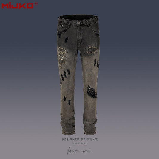 MIJKO Mens Vintage Pants Vintage Patch Unisex Jeans