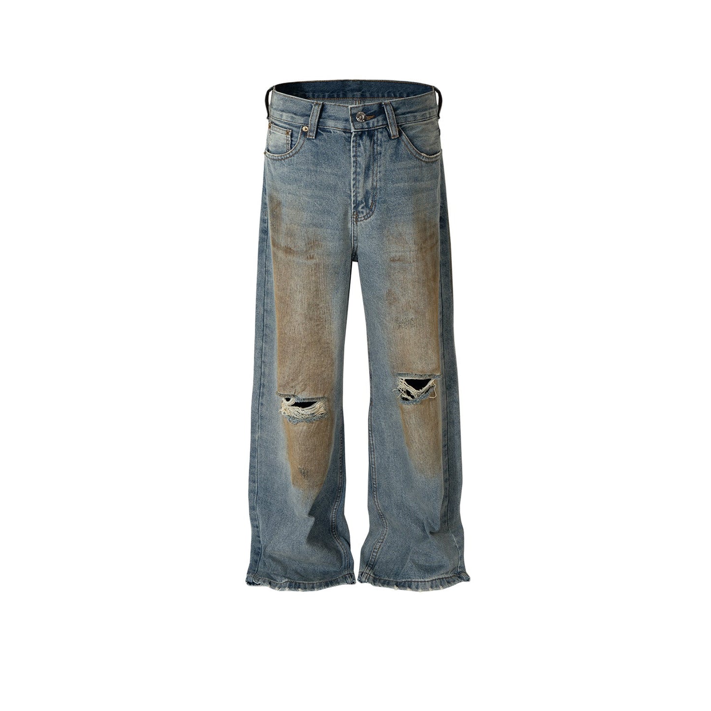 MIJKO Mens Vintage Pants Ripped Straight Old Jeans