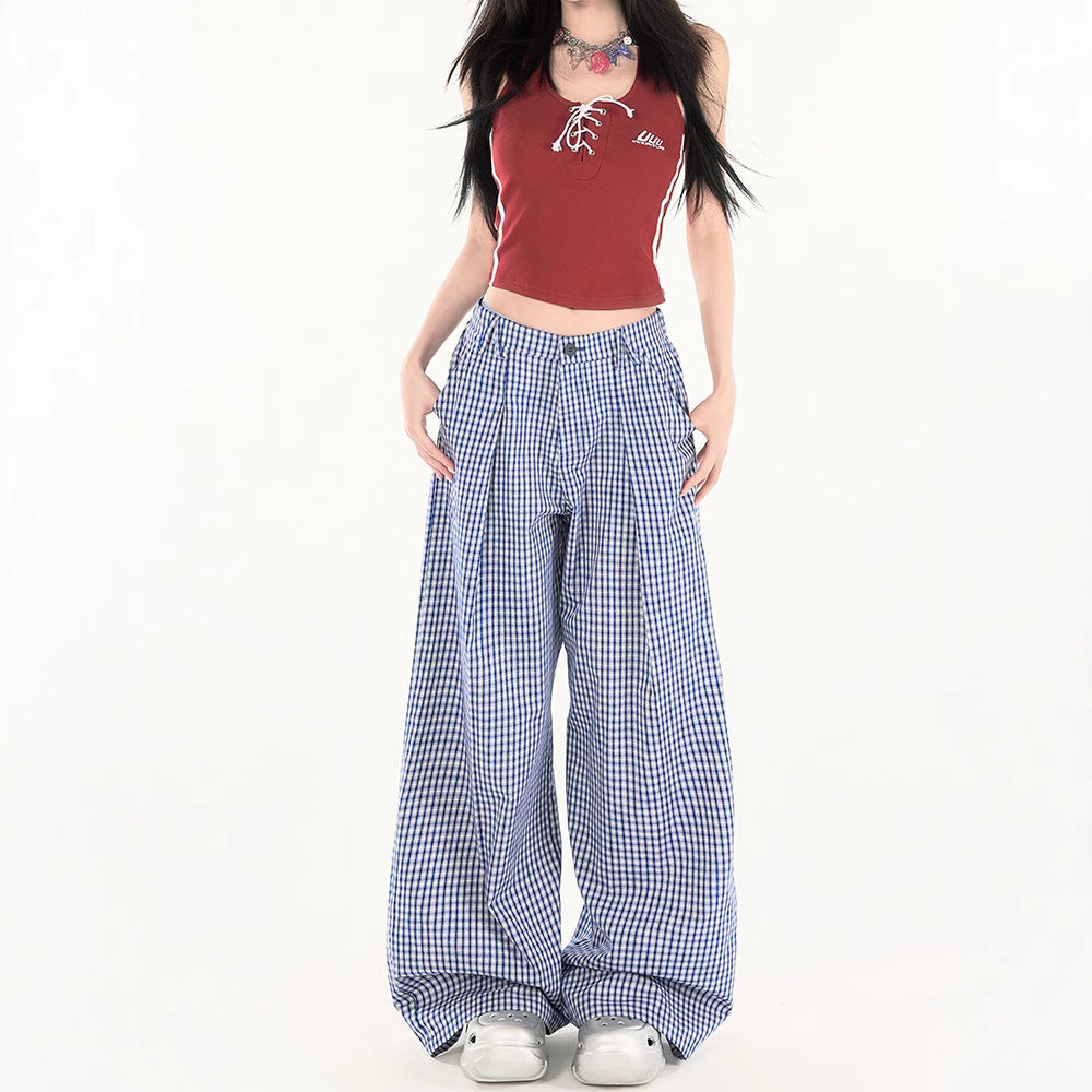 Women casual pants blue plaid summer high waist