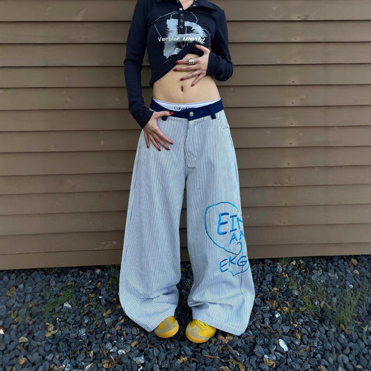 Women casual pants hearts tripes loose