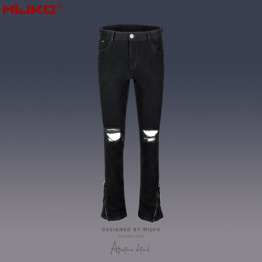 MIJKO Mens Vintage Pants Zipper Leg Ripped Unisex Jeans