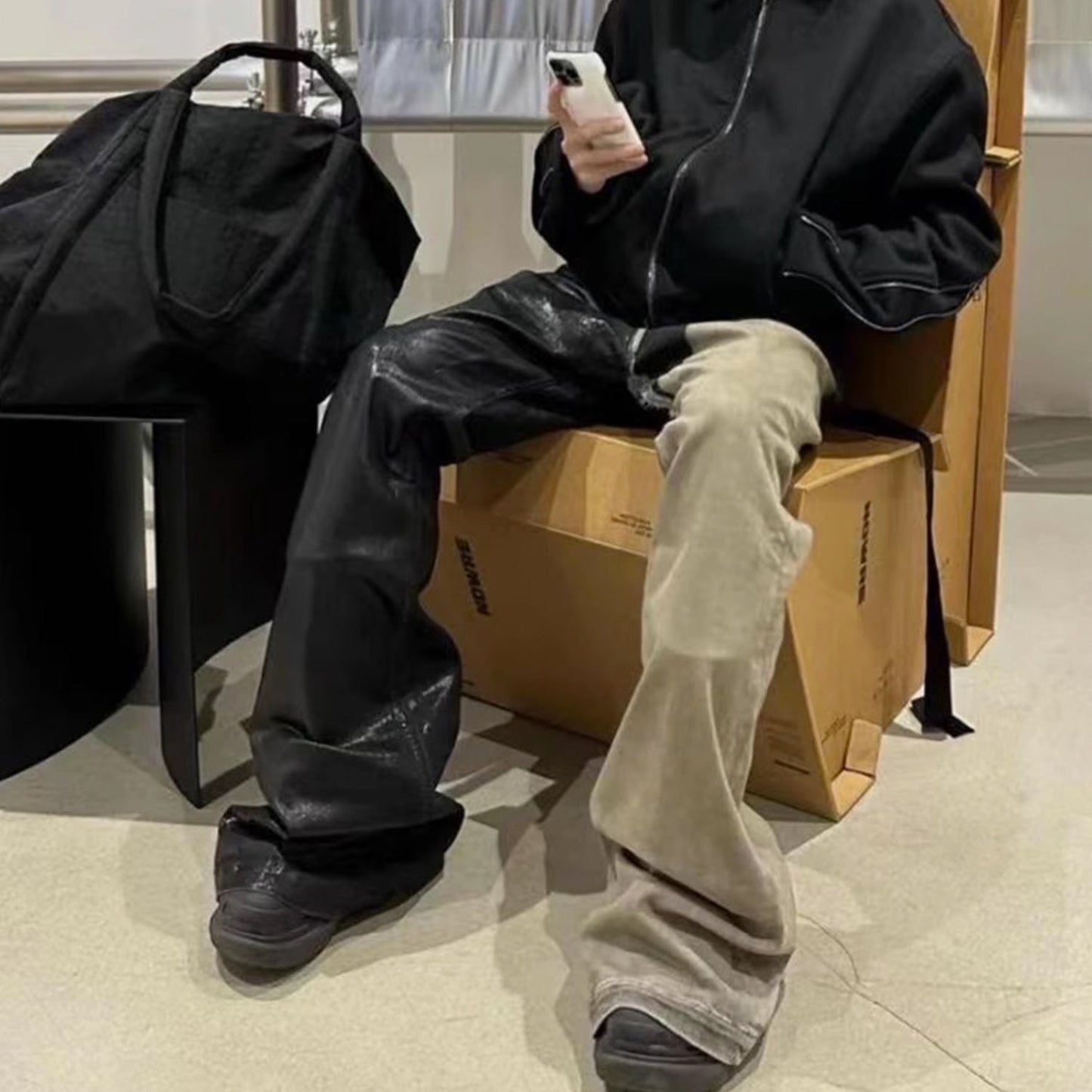 MIJKO Mens Vintage Pants MIJKO RICK wind splicing coated micro-pull jeans