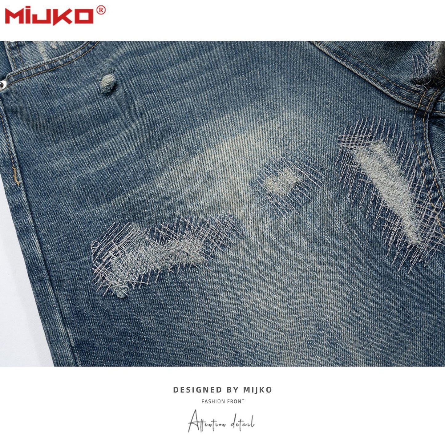 MIJKO Mens Vintage Pants Ragged Patch Unisex Jeans