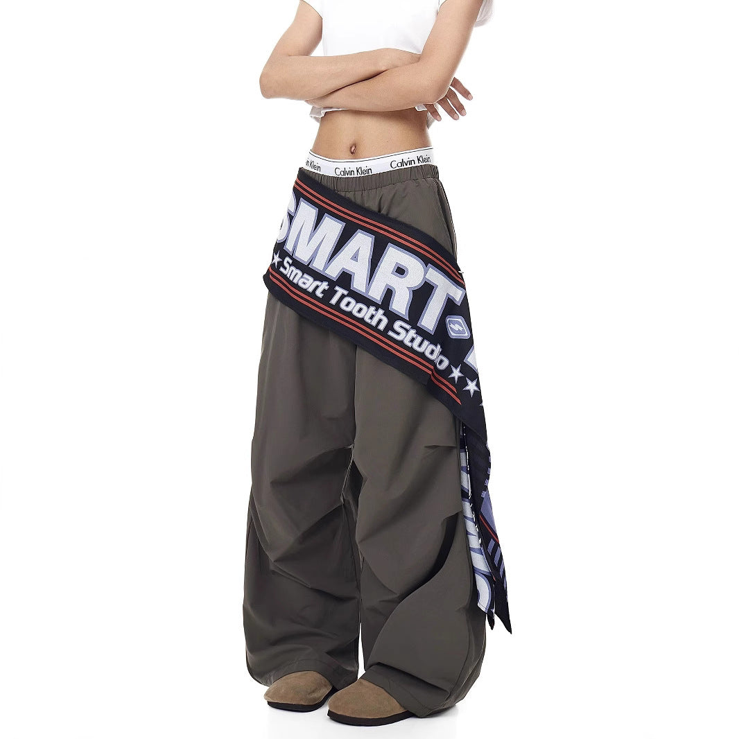Women casual pants diagonal span fart curtain splicing retro loose