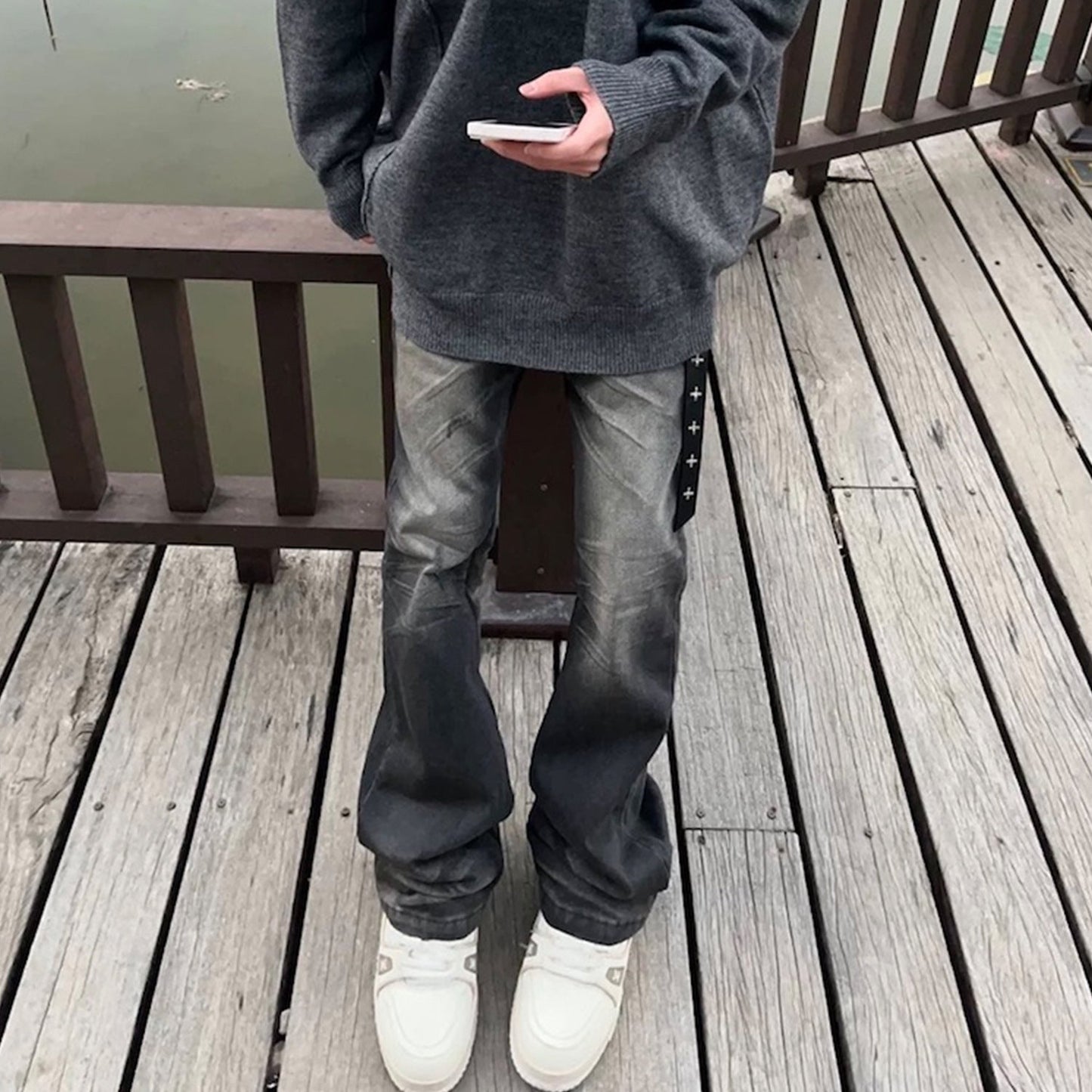 MIJKO Mens Vintage Pants MIJKO Mens Women's Flared High Street Slim-Fit Jeans