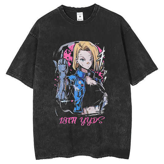 Mens T Shirts Washing Water Old Anime Dragon Ball 18t-Shirt Loose Retro Short Sleeves