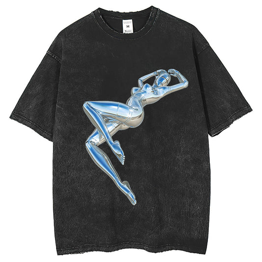 Men T Shirts Women Robot Printed T-Shirts Washed Old Retro