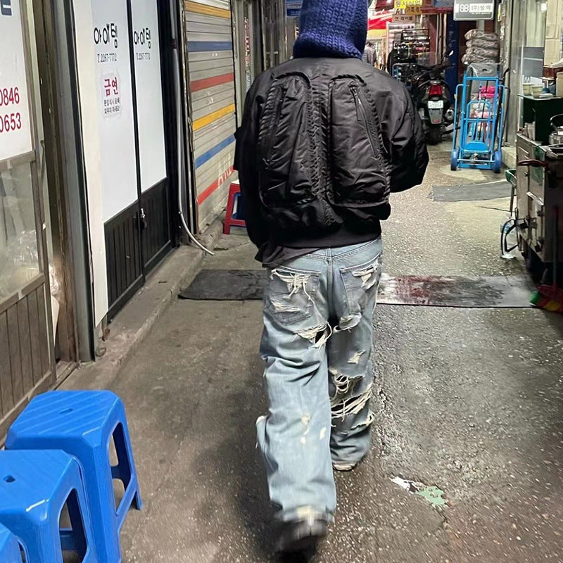 MIJKO Men's Vintage Pants MIJKO Men's Women's Bar Flavor Double Tassel Destroying Beggar Style Jeans