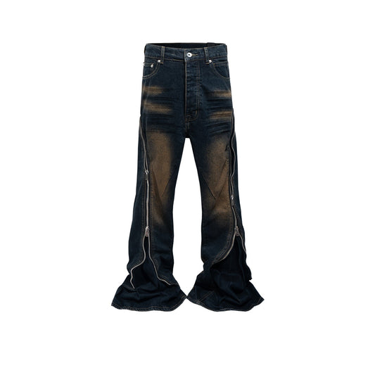 MIJKO Men's Vintage Pants MIJKO Men's Women's Washed Old Trousers Wide Feet Zipper Jeans