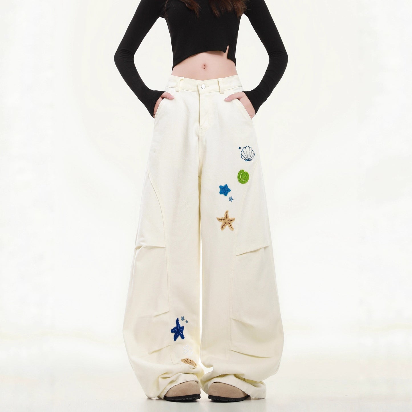 Women casual pant embroider cartoon loose