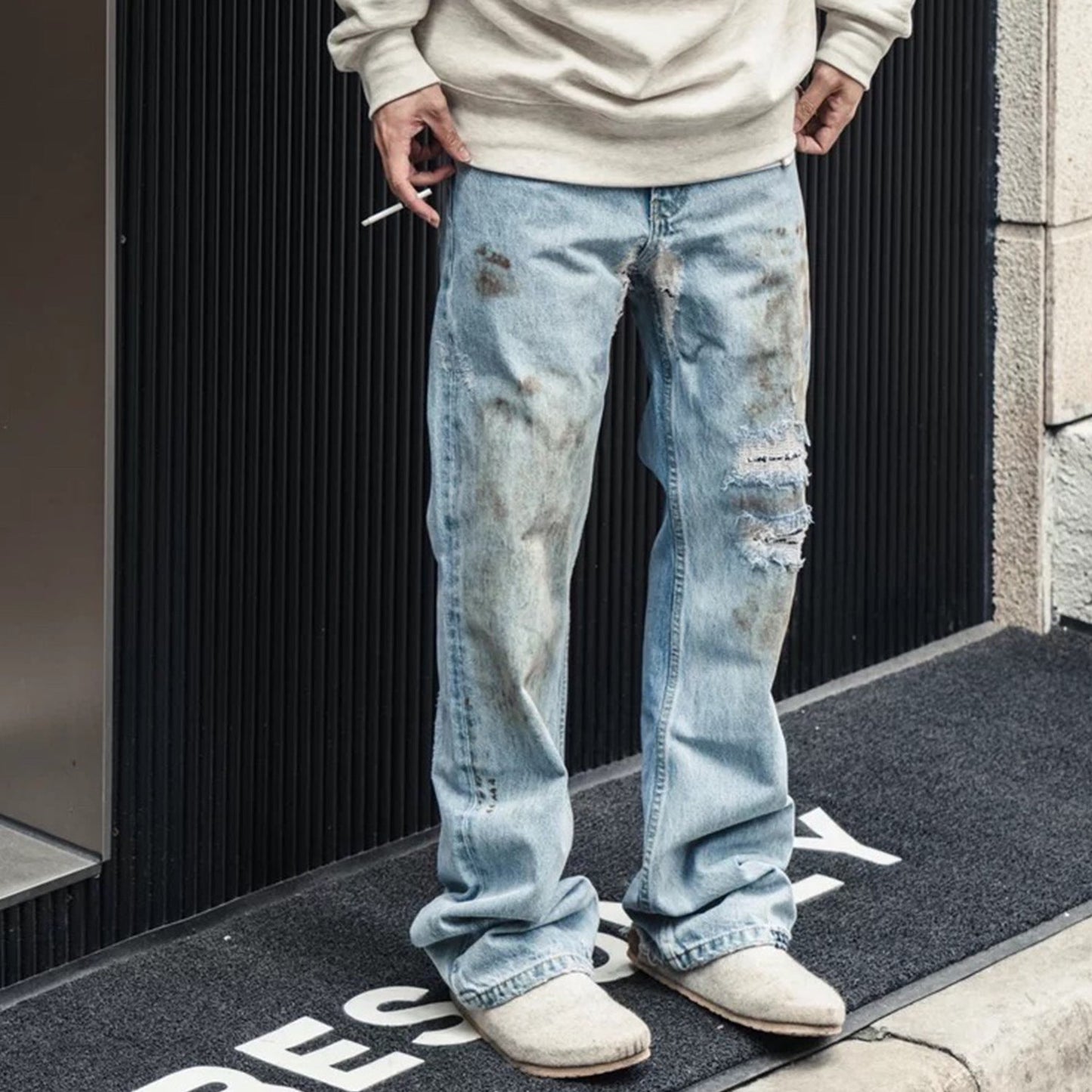 MIJKO Men's Vintage Pants MIJKO Men's Women's Micro-pull Pants Old Splicing Jeans