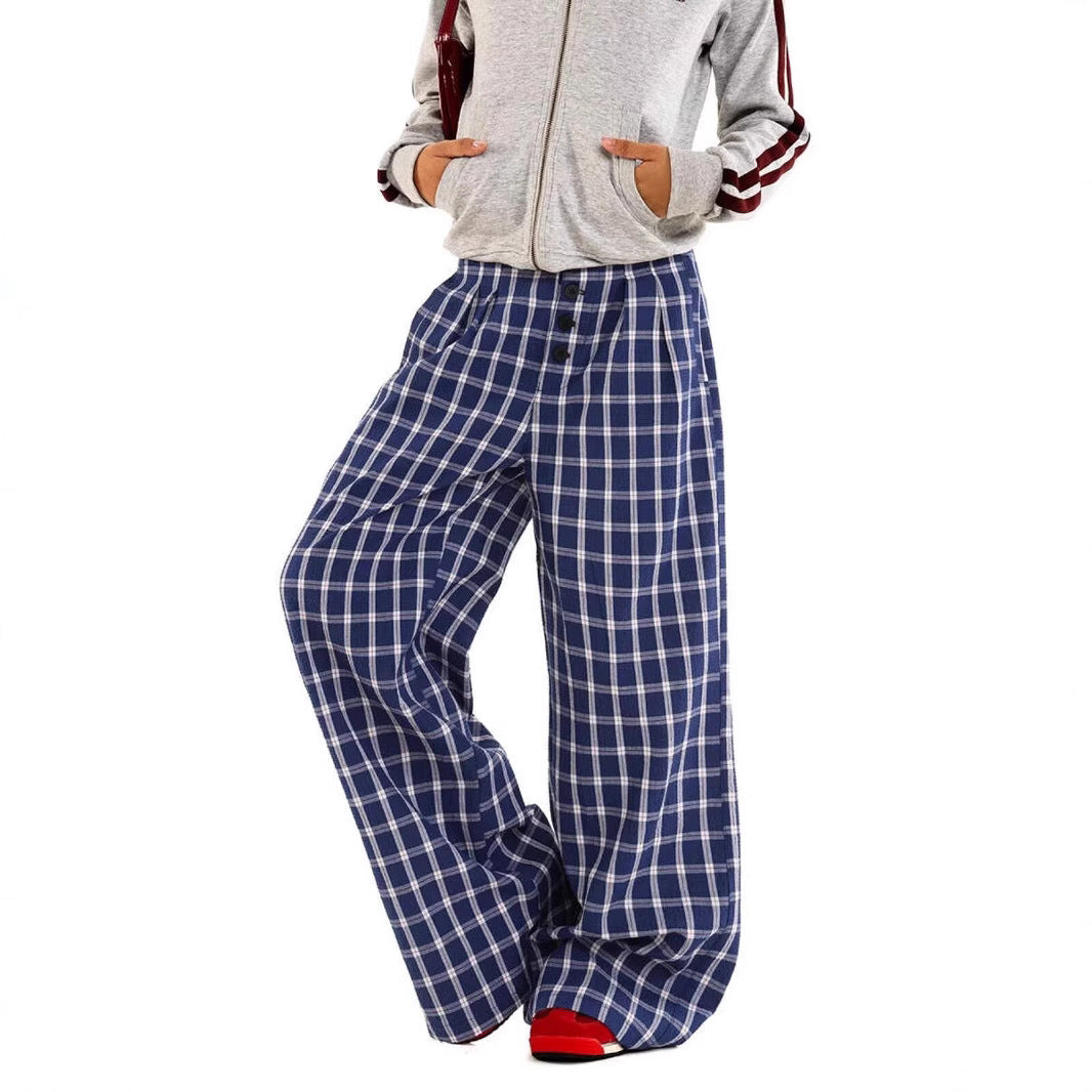 Women casual pant retro plaid loose