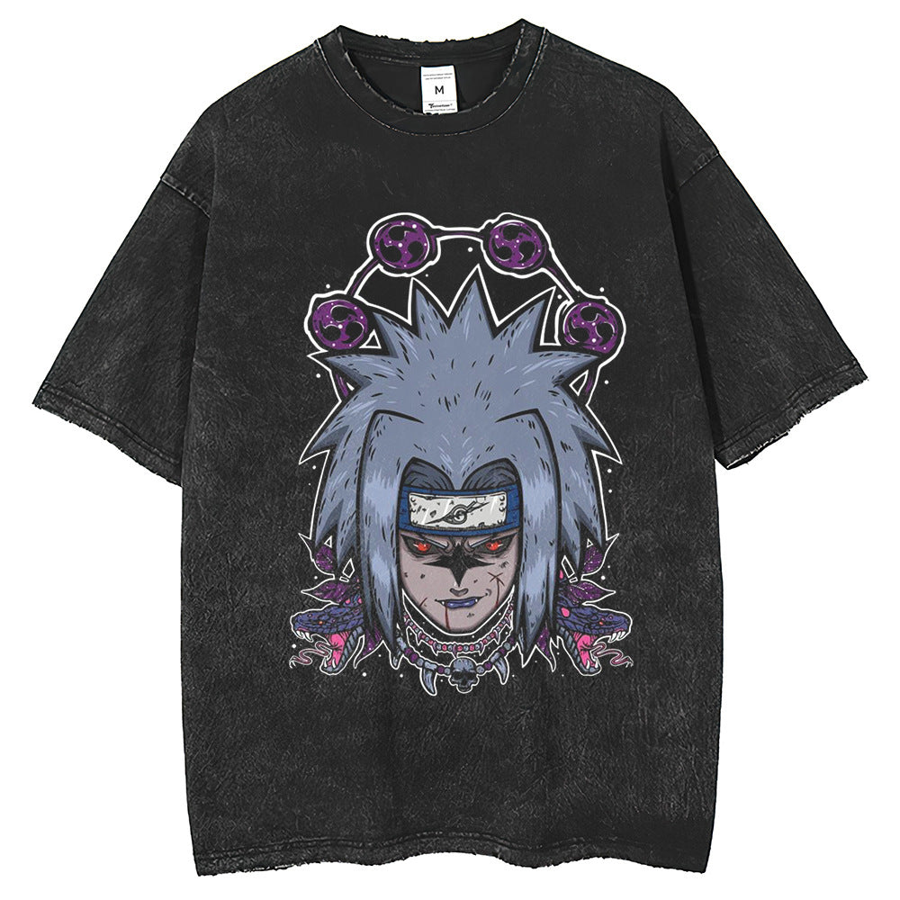 Men T Shirts Hokage Print T-Shirt Retro Old Washed Black